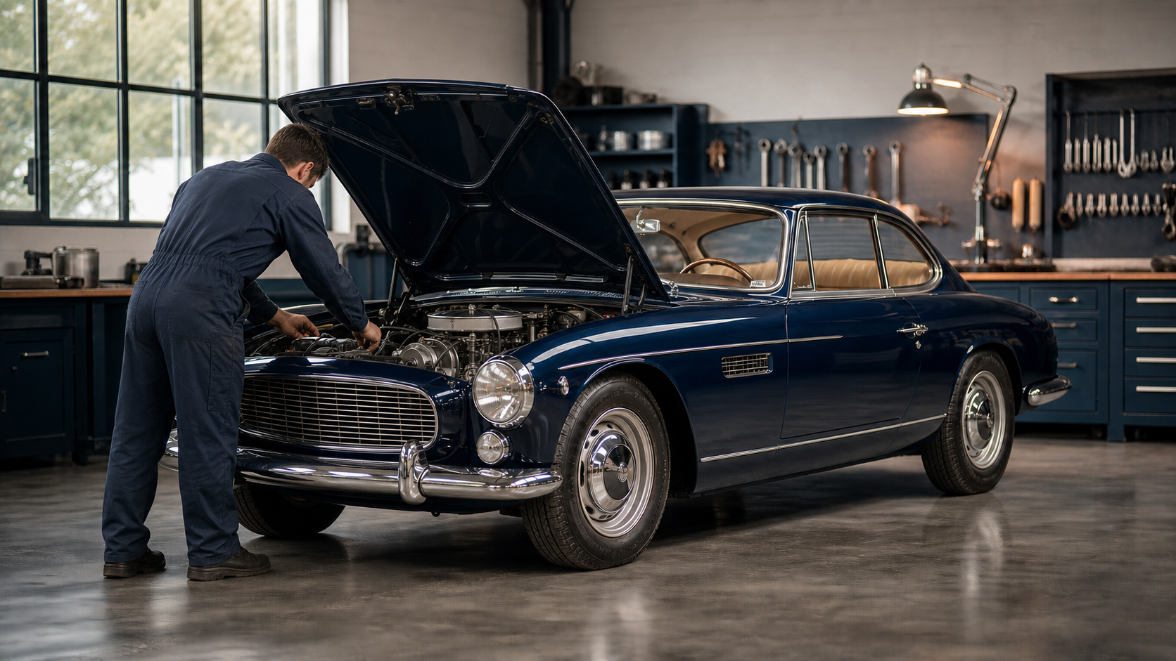 Markenneutraler dunkelblauer Oldtimer mit geöffneter Motorhaube in der Werkstatt