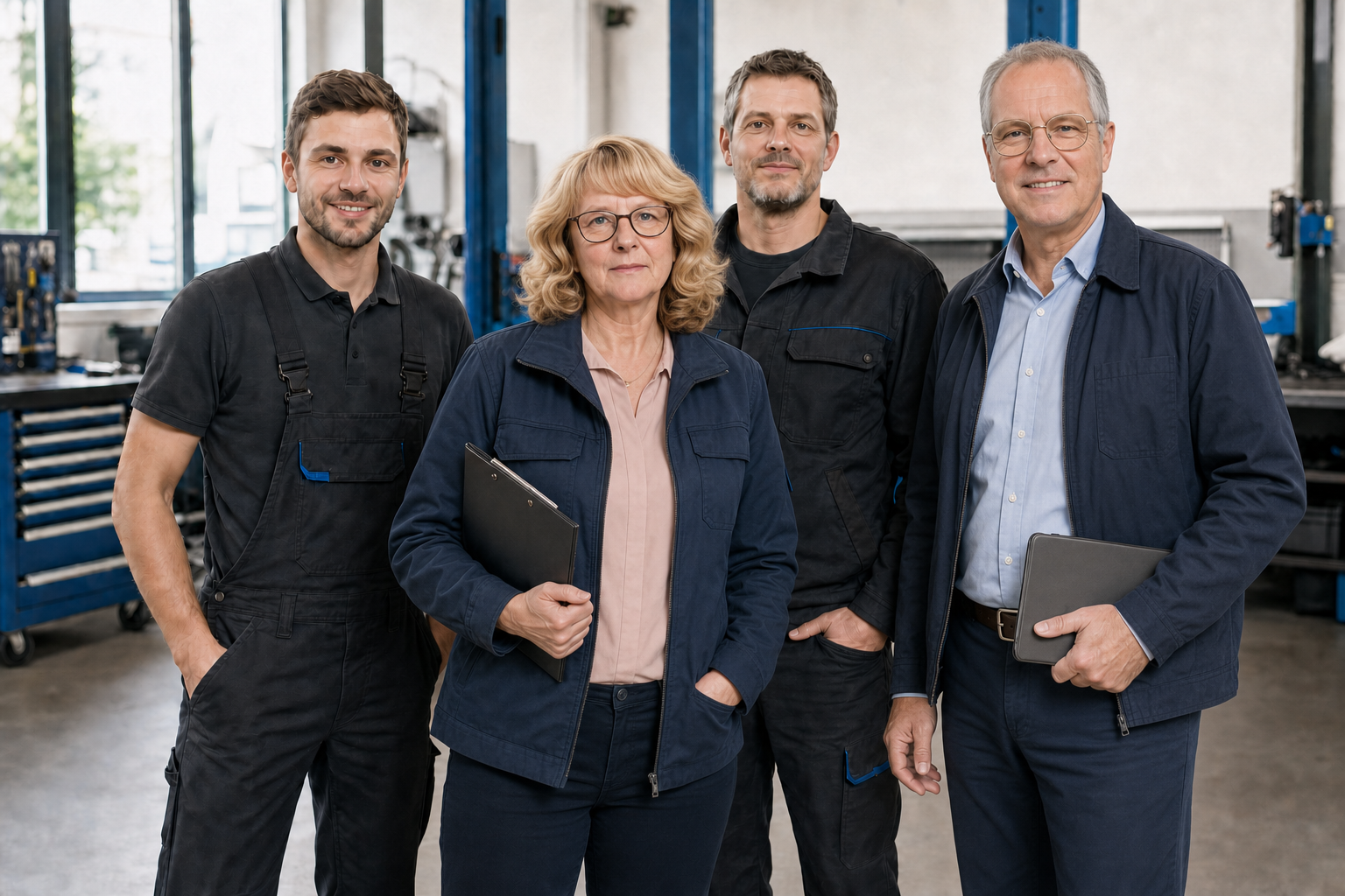 KI-generierter Entwurf mit Inhaberin, zwei Monteuren und Organisator